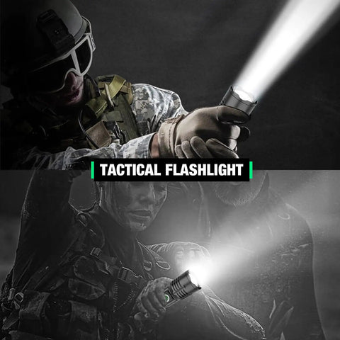 Go To Pocket Size Tactical Flashlight with 8000 Lumens XHP50.2 LED used by soldier in dark environment, highlighting its zoomable beam.