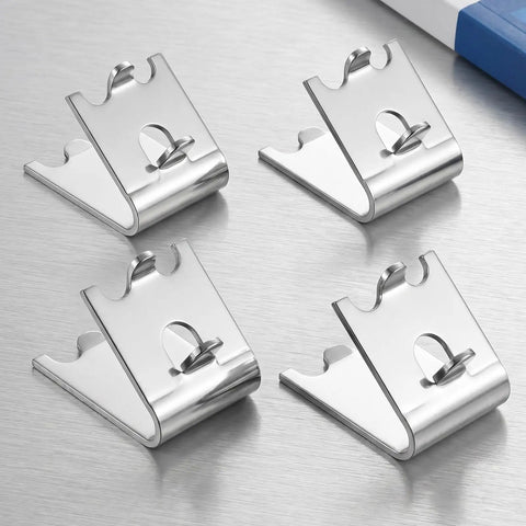 Heavy Duty Stainless Steel Freezer Shelf Clips Set on metal surface, showing support hooks and brackets for secure shelving.