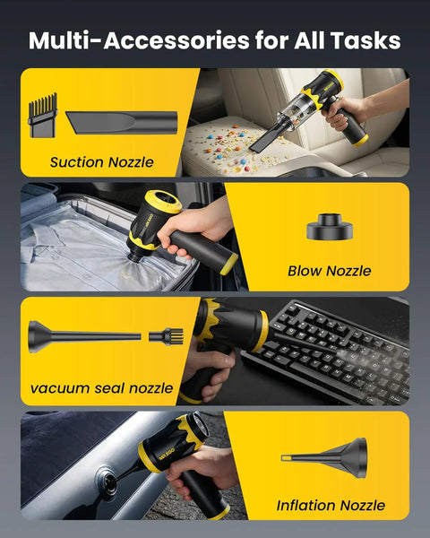 Cordless Handheld Car Vacuum 18500Pa High Power Cleaner With 4 In 1 Nozzle Set including suction and blow nozzles for detail cleaning