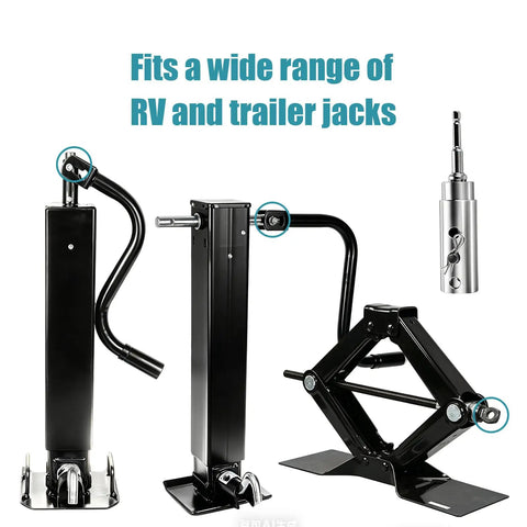 Heavy Duty Stainless Steel Trailer Jack Drill Adapter For 1 Inch Drive Shafts shown with various RV and trailer jacks.