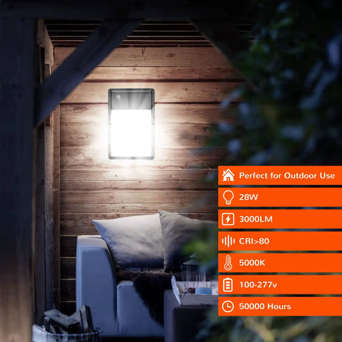 Outdoor Dusk To Dawn LED Wall Pack Light With Photocell 28W Equivalent To 150 To 250W 3000 Lumens 5000K Daylight 100 To 277V illuminating patio