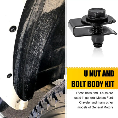 Close-up of 20 Piece Waterproof Metal Car Body Fasteners Kit with U-shaped clip and bolt next to vehicle tire and panel