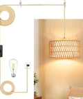 Handcrafted Boho Plug In Pendant Light With Artisan Woven Shade, Easy Three Way Switch, Extended Cord For Serious Chill Living Room Aura And Definitely Solid Decor Flex Year Round with 14ft cord and dimmer.
