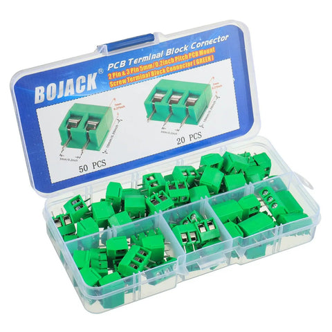 Box of 5mm Pitch PCB Mount Screw Terminal Block Connectors 2 Pin and 3 Pin for Arduino and Home Electronics Projects Pack of 70 DIY Friendly Wire Size 14 to 22 AWG.