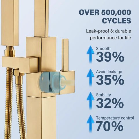 Close-up of Floor Mount Freestanding Bathtub Faucet Set With High Flow Swivel Spout Chrome Finish Handheld Shower Mixer