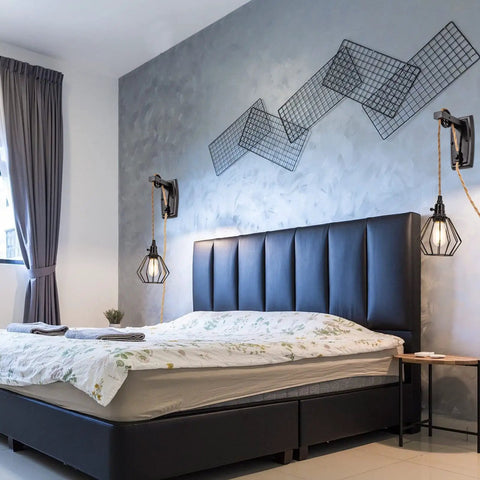 Bedroom with Two Pack Plug In Farmhouse Wall Sconces Set With Industrial Wheel Cage Shade In Black, 13ft Hemp Rope Cord.