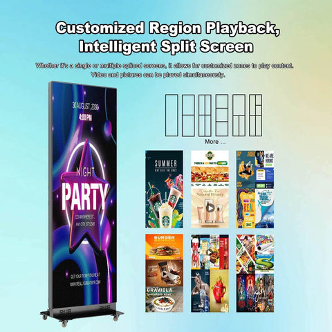 80 Inch Led Poster Display Straight Fire Visuals For Commercial Digital Signage Plug And Play Ad Screen With Cms Control Flight Case showcasing split screen and vibrant ads.