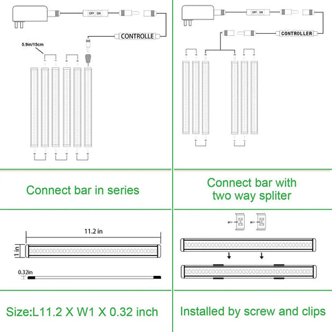 Diagram showing connection options for Under Cabinet LED Light Bar Kit 12V Plug In Dimmable With Switch 6 Panel Daylight White Bar Lights.