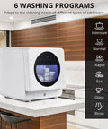 Portable Countertop Dishwasher With Six Wash Cycles Triple D Spray Arms And High Temp Drying Slick Touch Controls For Apartments Or Rv Space Zero Sweat Cleaning And Game Changing Performance showcasing 6 wash programs on countertop.