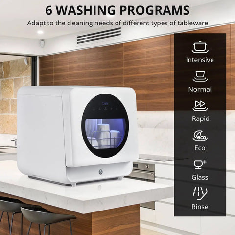 Portable Countertop Dishwasher With Six Wash Cycles Triple D Spray Arms And High Temp Drying Slick Touch Controls For Apartments Or Rv Space Zero Sweat Cleaning And Game Changing Performance showcasing 6 wash programs on countertop.