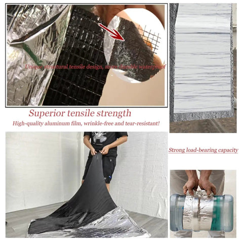 No Sweat Ultra Thick Self Adhesive Bitumen Membrane Roll for Quick Roof Leak Fixes showing durable aluminum film and tensile strength.