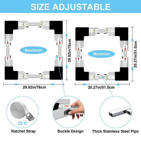 Universal Washer Dryer Stacking Kit For 24 To 29 Inch Machines Adjustable design with measurements and ratchet strap details