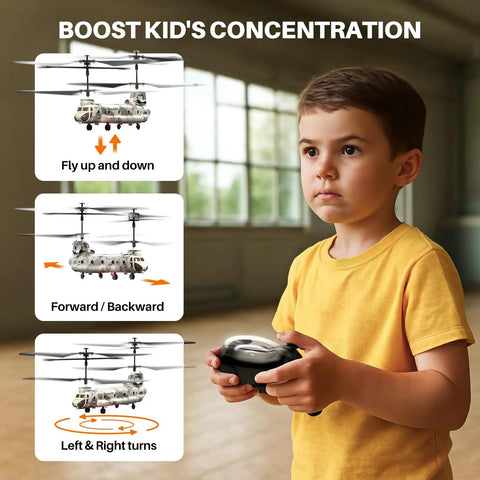 Child playing with rugged military transport RC helicopter with altitude hold and one key takeoff landing twin rotor design.