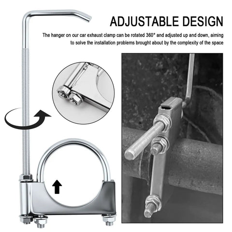 2.5 Inch Exhaust Clamps With Hanger For Car Exhaust System showing adjustable 360° rotating muffler clamp for 2.48 to 2.64 inch pipes