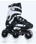 Black and white inline skate with multiple thick wheels for stability and control