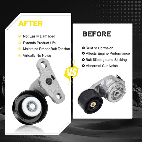 Comparison image of AC Drive Belt Tensioner Kit Bolt-On Fits Chevy Tahoe 2000-2008 versus old tensioner highlighting benefits