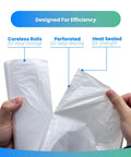Top Tier 300 Count Clear Trash Bags 6 To 10 Gallon Bathroom Liners 23 By 27 Inches 8 Micron Thick showing coreless rolls and perforated design.