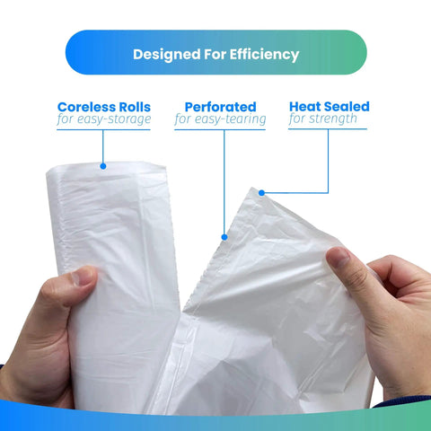 Top Tier 300 Count Clear Trash Bags 6 To 10 Gallon Bathroom Liners 23 By 27 Inches 8 Micron Thick showing coreless rolls and perforated design.