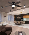 52 Inch Flush Mount Ceiling Fan With Remote And Dimmable Lights In Matte Black Five Reversible Blades In Amrilo Or Walnut Tri Color Temperatures 3000K 6000K Ideal For Indoor And Covered Outdoor Spaces Rustic Modern Look in a stylish living room setting.