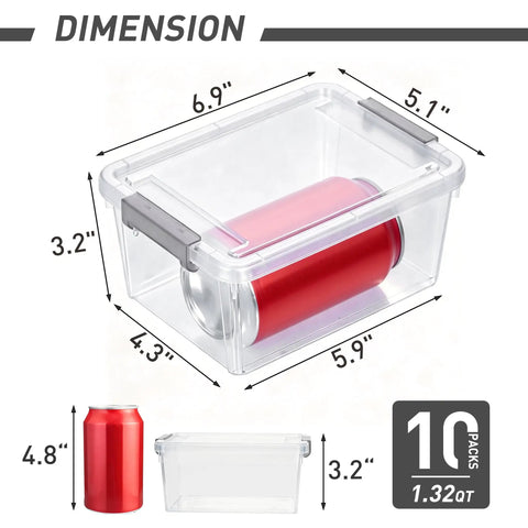 Clear White 10 Pack 1.3 Qt Small Storage Bins With Lids shown with a can for scale, dimensions marked in inches.