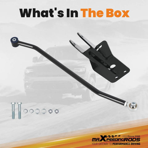 Adjustable Front Track Bar For Jeep Cherokee XJ 1984 To 2001 Center Axle After Lift Kit 4 To 6.5 Inch Easy To Adjust Length 790 To 830 Mm With Relocation Bracket Keeps Your Rig Aligned On Trails And Daily Driving. black steel front track bar and relocation bracket with bolts