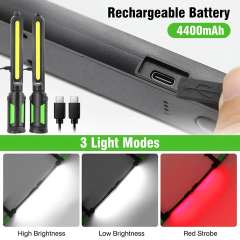 Close-up of Dope Two In One Magnetic Work Light With 2400 Lumen LED, 4400mAh Rechargeable Battery showing charging port and light modes.