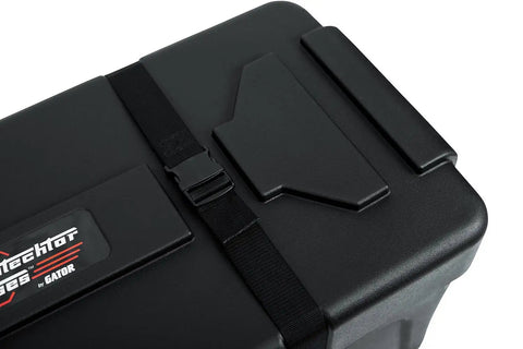 Premium Rotomolded Drum Set Case With Carpet Lined Interior And Removable Tray For Hardware Storage Built Like A Tank top view with strap.