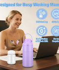 Portable Breast Milk Cooler 12oz With Two Bottles 30 Hours Cold Storage Leakproof Insulated Chiller at a desk.
