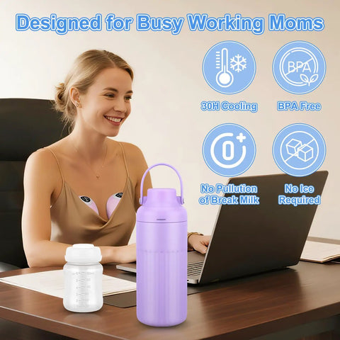 Portable Breast Milk Cooler 12oz With Two Bottles 30 Hours Cold Storage Leakproof Insulated Chiller at a desk.