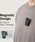Wireless Mini Lapel Microphone For iPhone And Android, Plug And Play, No Bluetooth, attached to shirt showcasing magnetic design.