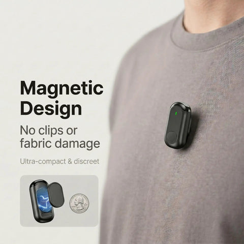 Wireless Mini Lapel Microphone For iPhone And Android, Plug And Play, No Bluetooth, attached to shirt showcasing magnetic design.