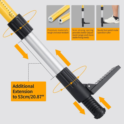 Beefed Up Pro Grade Telescoping Laser Pole With Tripod For Rotary And Line Lasers, adjustable extension details shown