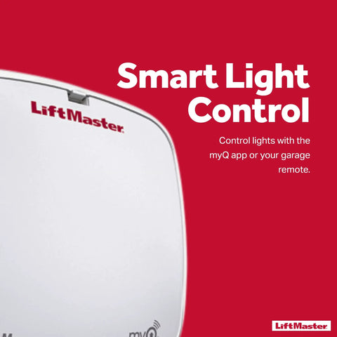 Close-up of MyQ LED garage light casing with LiftMaster logo, promoting app control and garage remote capabilities.