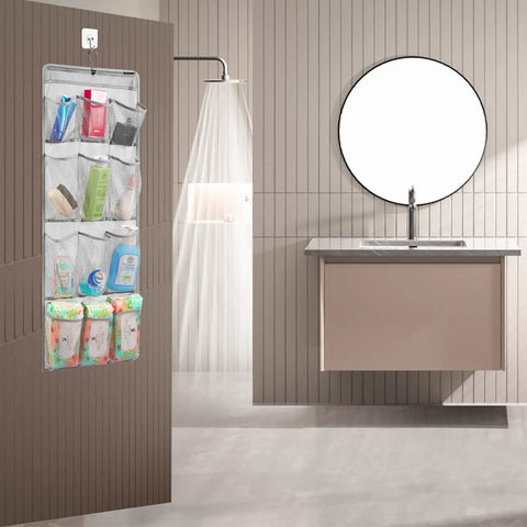 Mesh Shower Organizer Hanging Caddy With Rotating Hanger For Quick Dry Bathroom Storage And 12 Pockets visible in modern bathroom