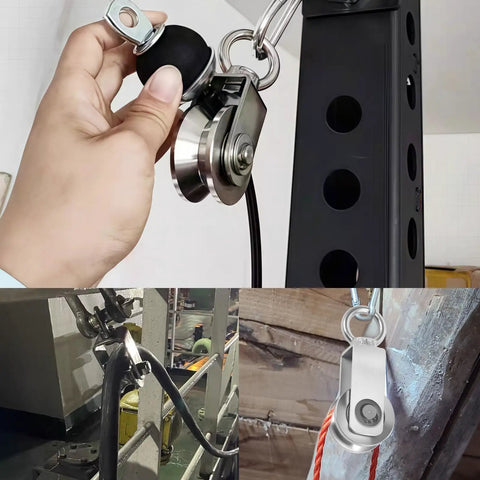 Eight Pack Cable Pulley Wheel Set In 304 Stainless Steel For Heavy Duty Lifting And Rigging, Workhorse Grade Bearing Rope Pulleys For Hoisting Towing And Winch Systems With Smooth Operation And Rust Resistance on gym and rigging setups
