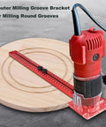 Pro Grade Router Milling Groove Bracket For Precision Woodworking Circle Cutting And Fast Engraving Quick Setup Jig with red trimmer on wood.