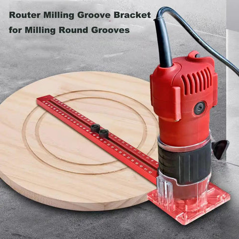 Pro Grade Router Milling Groove Bracket For Precision Woodworking Circle Cutting And Fast Engraving Quick Setup Jig with red trimmer on wood.