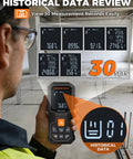 Pro Grade Laser Measuring Tool With 262 Ft Range And 2mm Accuracy, 1mm Resolution, Tripod Mount, Angle Sensor For Fast Home Inspections, Renovations, And DIY Projects. digital meter showing historical data
