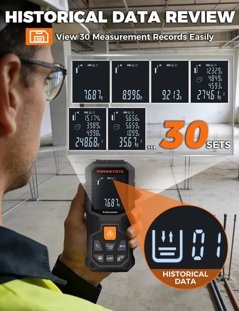 Pro Grade Laser Measuring Tool With 262 Ft Range And 2mm Accuracy, 1mm Resolution, Tripod Mount, Angle Sensor For Fast Home Inspections, Renovations, And DIY Projects. digital meter showing historical data