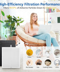 Woman relaxing next to E-300L air purifier with visible 3 Pack E-300L Replacement Filter For E-300L Air Purifier For Big Rooms.