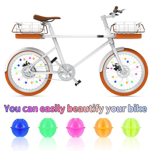 White bike with 216 Piece Multicolor Bike Wheel Spokes Beads Clip On Decorations for spokes and rims, colorful beads shown.