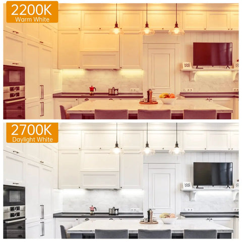 Comparison of kitchen lighting with 2200K warm white and 2700K daylight white tones showing dimmable LED Edison bulbs.
