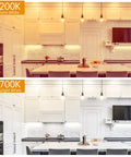 Comparison of 2200K warm white and 2700K daylight white lighting in a modern kitchen setting.