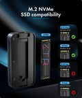 M.2 NVMe SSD compatibility display with black aluminum enclosure supporting B+M-key and M-key drives for Thunderbolt 5.