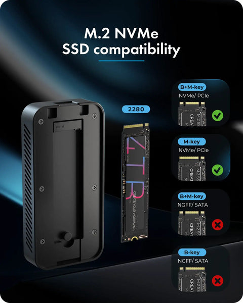 M.2 NVMe SSD compatibility display with black aluminum enclosure supporting B+M-key and M-key drives for Thunderbolt 5.