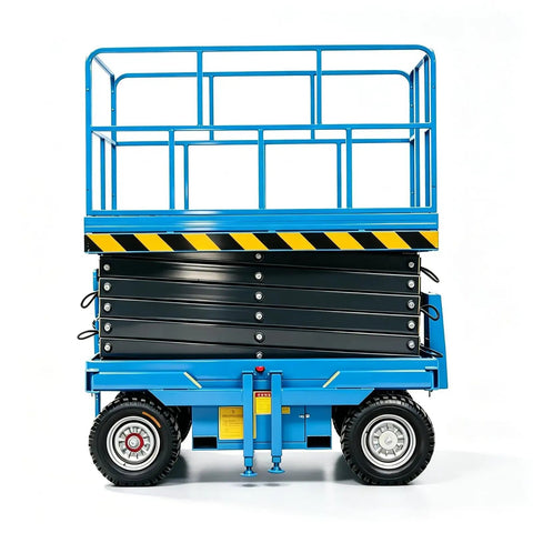 14 Meter Mobile Scissor Lift Heavy Duty Industrial Aerial Work Platform, blue chassis with guardrails, compact design for tight spaces.