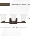 Bayfield Three Light Wall Bath Vanity Fixture In Bronze, Modern Steel Frame, 20-inch width, satin glass, dimensions shown