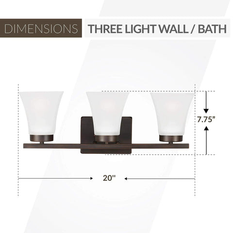 Bayfield Three Light Wall Bath Vanity Fixture In Bronze, Modern Steel Frame, 20-inch width, satin glass, dimensions shown