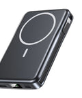 Magnetic Portable Charger 10000mAh Power Bank With 20W Fast Charge And Built In Cable Hella Compact Slim Design angled view.