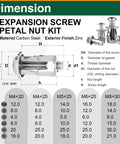 Built Tough 80 Piece Petal Expansion Bolt Assortment Kit With Solid Carbon Steel Jack Nuts M4 To M8 dimensions and specifications chart.